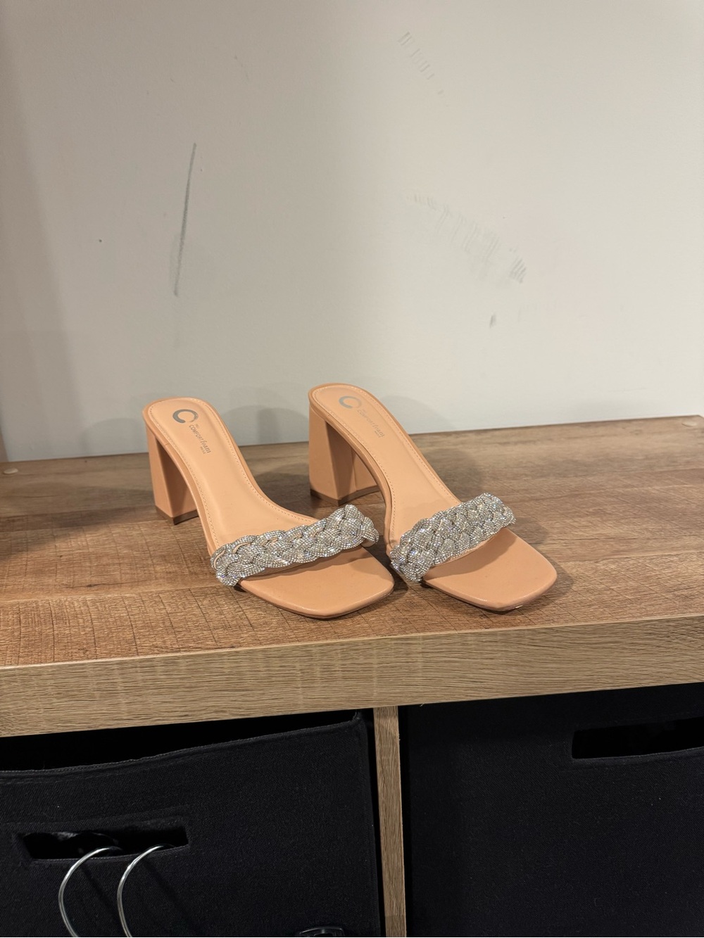 Comfort foam Tan Heeled Slides with Braided Crystal Strap